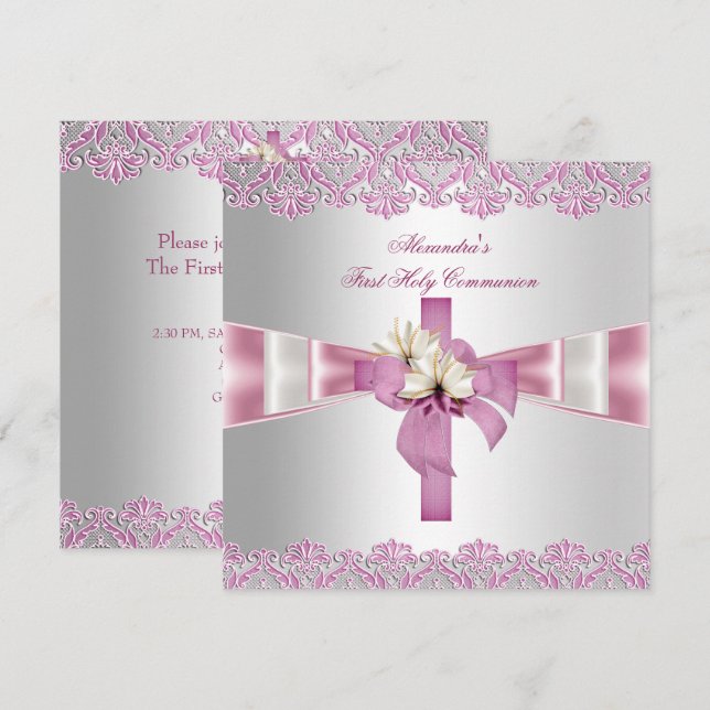 Invitación Primera Comunión 1ra Cruz Niñas Blanco Rosa (Anverso / Reverso)