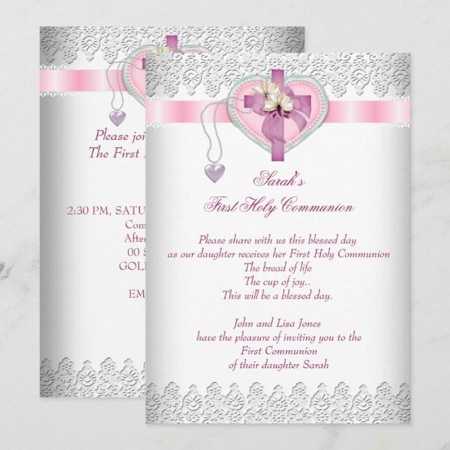 Invitación Primera Comunión 1ra Cruz Niñas Blanco Rosa (Anverso / Reverso)