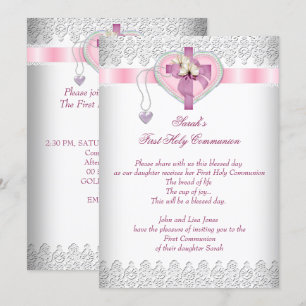Invitación Primera Comunión 1ra Cruz Niñas Blanco Rosa