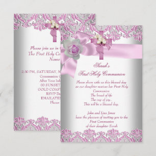 Invitación Primera Comunión 1ra Cruz Niñas Blanco Rosa