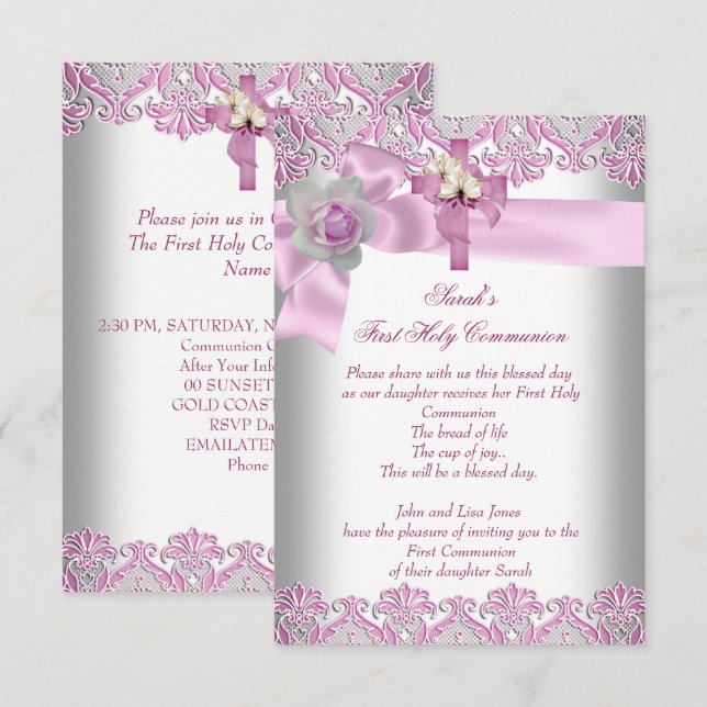 Invitación Primera Comunión 1ra Cruz Niñas Blanco Rosa (Anverso / Reverso)