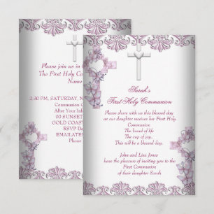 Invitación Primera Comunión 1ra Cruz Niñas Blanco Rosa