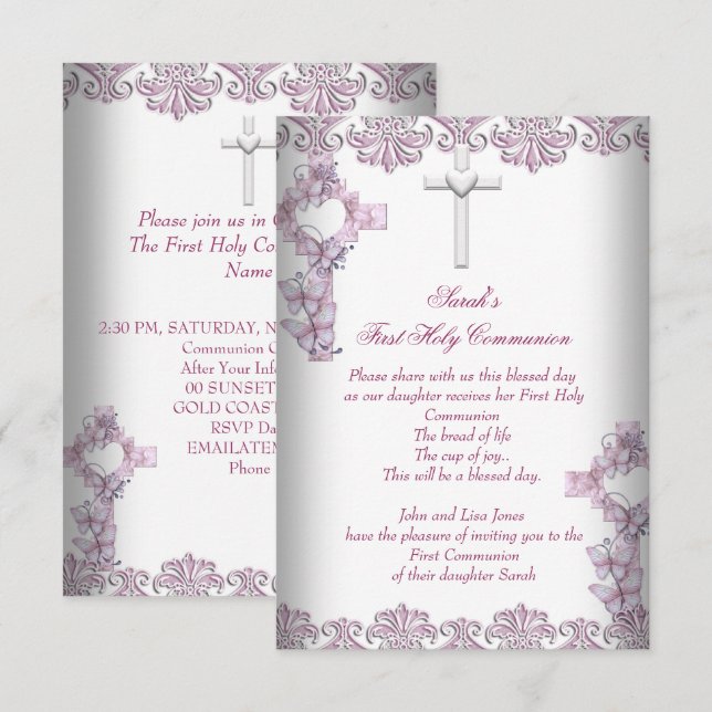 Invitación Primera Comunión 1ra Cruz Niñas Blanco Rosa (Anverso / Reverso)