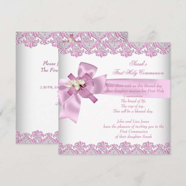 Invitación Primera Comunión 1ra Cruz Niñas Blanco Rosa (Anverso / Reverso)