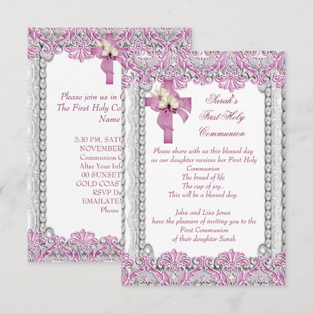 Invitación Primera Comunión 1ra Cruz Niñas Blanco Rosa (Anverso / Reverso)