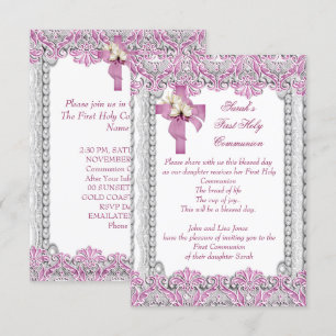 Invitación Primera Comunión 1ra Cruz Niñas Blanco Rosa