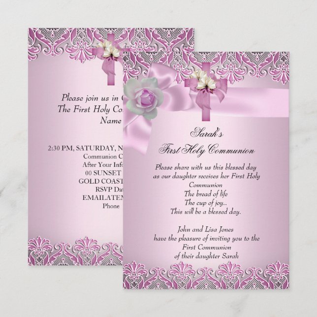Invitación Primera Comunión 1ra Cruz Niñas Rosa Bonito (Anverso / Reverso)