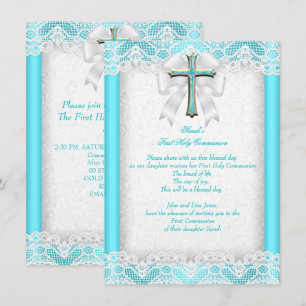 Invitación Primera Comunión 1ra Niñas Cruz Aqua Azul Turquesa