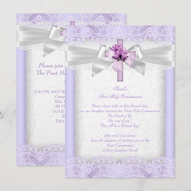 Invitación Primera Comunión 1ra Niñas Cruz Lavanda (Anverso / Reverso)