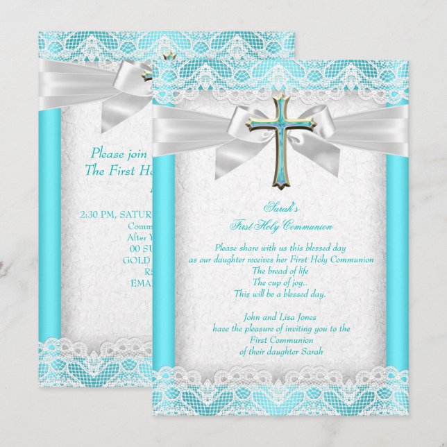 Invitación Primera Comunión 1ra Niñas Cruz Turquesa 2 (Anverso / Reverso)