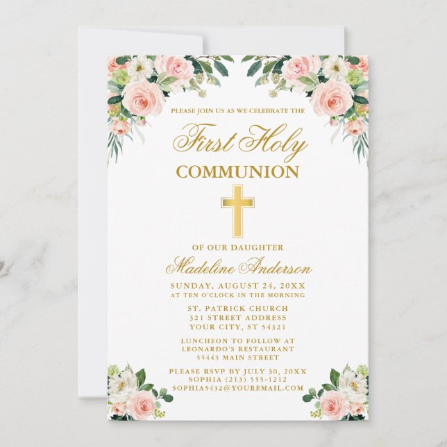 Invitación Primera Comunión acuarela Color blanco rosado Oro  (Anverso)