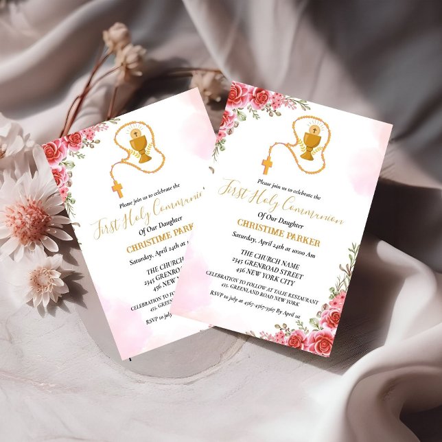 Invitación Primera comunión acuarela Flora rosa (Subido por el creador)