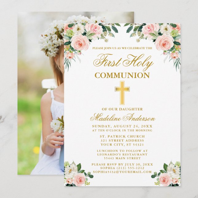 Invitación Primera Comunión acuarela Floral blanca rosa (Anverso / Reverso)