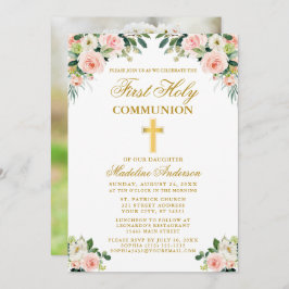Invitación Primera Comunión acuarela Floral blanca rosa