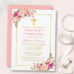 Invitación Primera Comunión Acuarela Rosado Floral Dorado