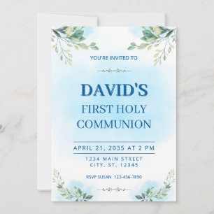 Invitación Primera Comunión Acuarela Verdor Azul
