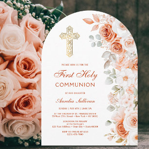 Invitación Primera Comunión Arco de Rosas de Terracota y Blan