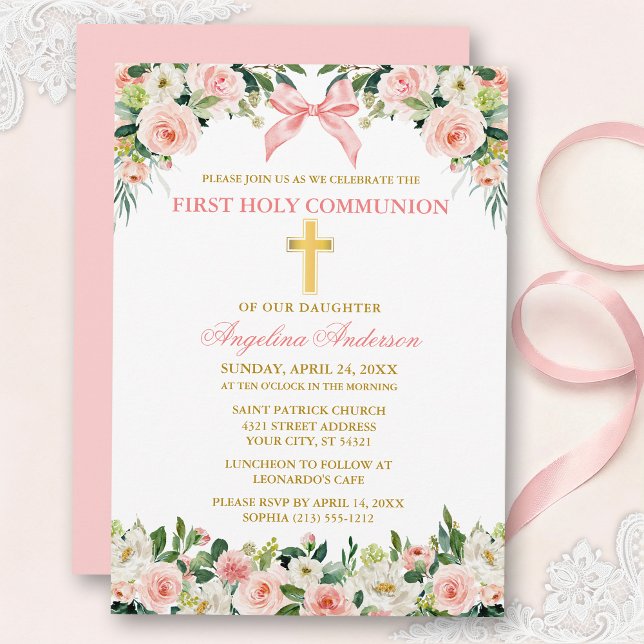 Invitación Primera Comunión Arco Floral Acuarela Rosa Dorado (Customize to change text color, size, style or to change color of back of card.)