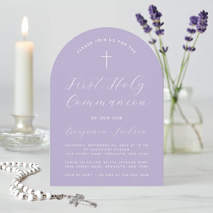Invitación Primera Comunión Arco Lavanda Púrpura Letra Modern