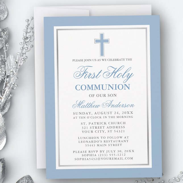 Invitación Primera Comunión Azul Claro y Plata (Customize to change text size, color or text style.)