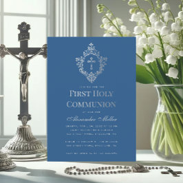 Invitación Primera Comunión Azul Clásico Falso Escudo de Plat