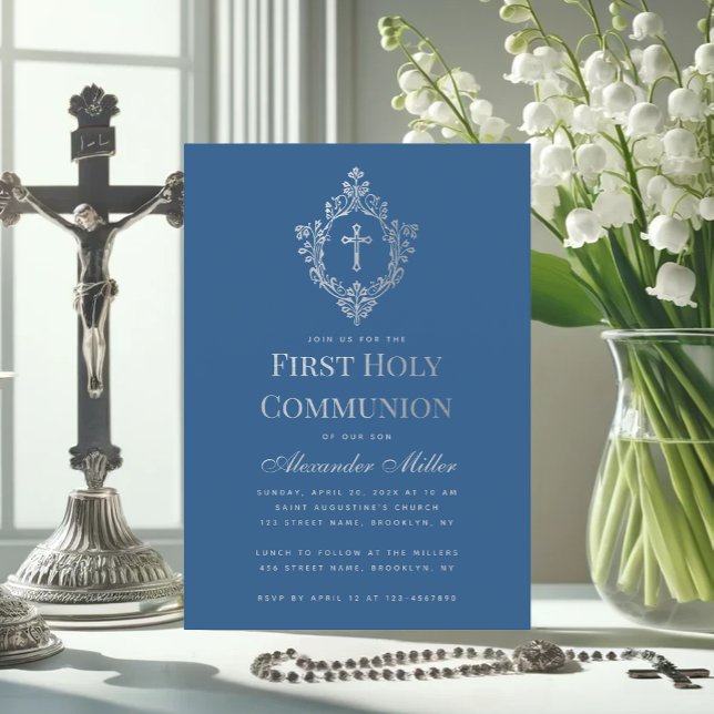 Invitación Primera Comunión Azul Clásico Falso Escudo de Plat (Subido por el creador)