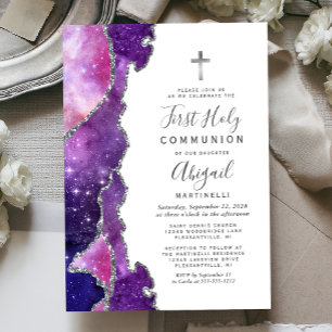 Invitación Primera Comunión Azul Estrellado Rosa Ágata Platea