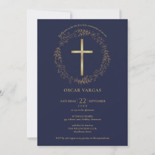 Invitación Primera Comunión Azul Marino Cruz Dorada Floral