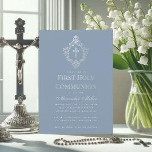 Invitación Primera Comunión Azul Polvo Elegante Cruz con Escu