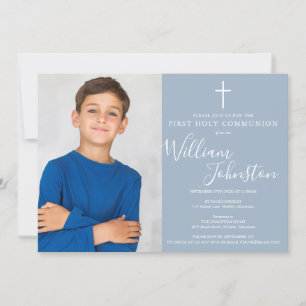 Invitación Primera Comunión Azul Polvo Escritura Foto