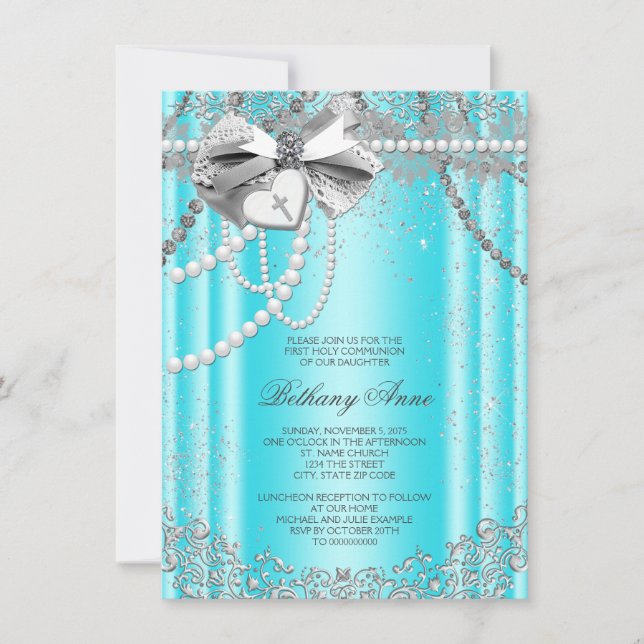 Invitación Primera Comunión Azul Turquesa y Perla Gris (Anverso)