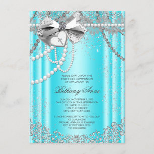 Invitación Primera Comunión Azul Turquesa y Perla Gris