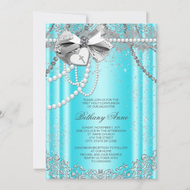Invitación Primera Comunión Azul Turquesa y Perla Gris (Anverso)