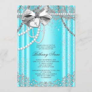 Invitación Primera Comunión Azul Turquesa y Perla Gris