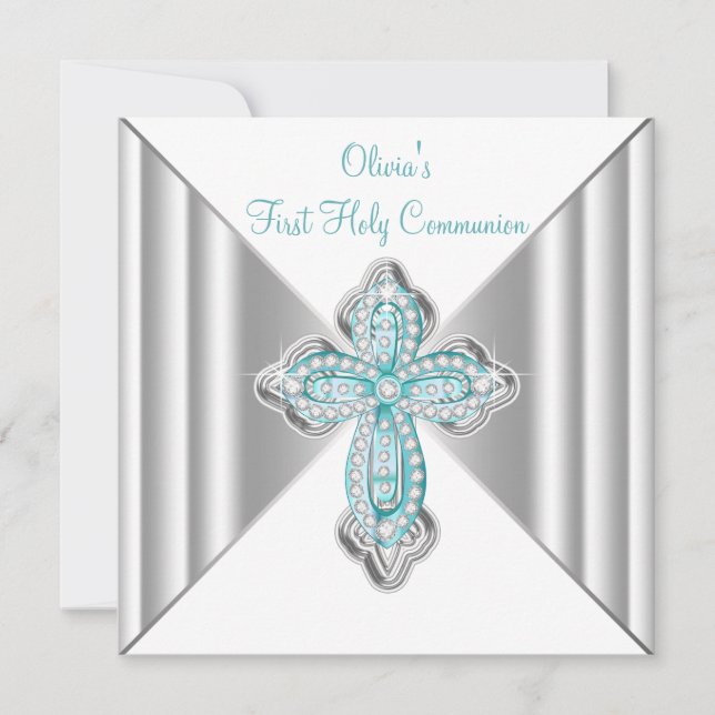 Invitación Primera Comunión Azul Verde azulada de chicas (Anverso)