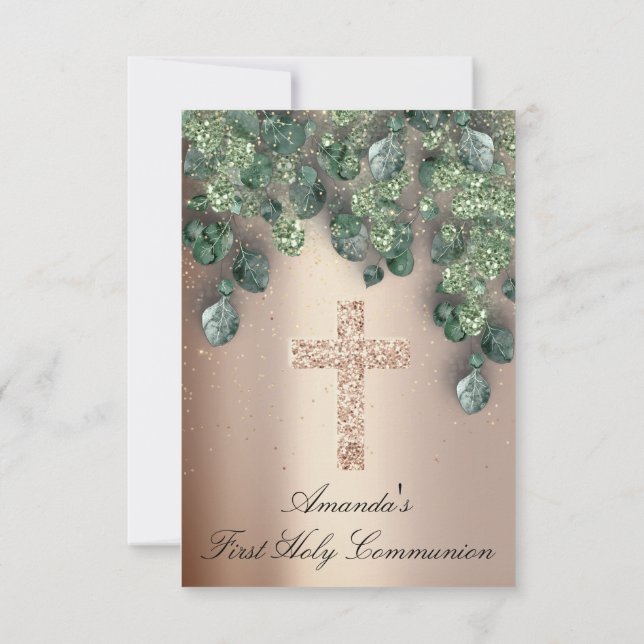 Invitación Primera Comunión Bautizo Cruz Cristiana Verde (Reverso)