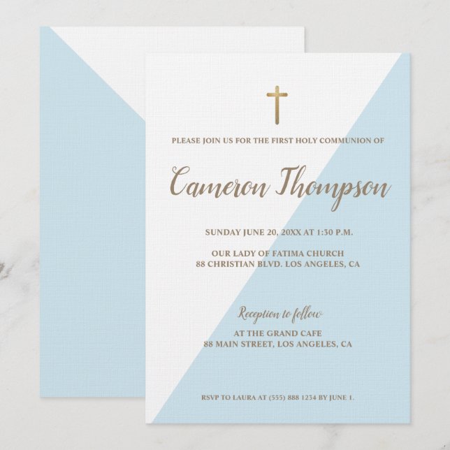 Invitación Primera Comunión Blanca Azul Moderno Oro (Anverso / Reverso)