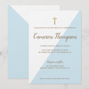 Invitación Primera Comunión Blanca Azul Moderno Oro