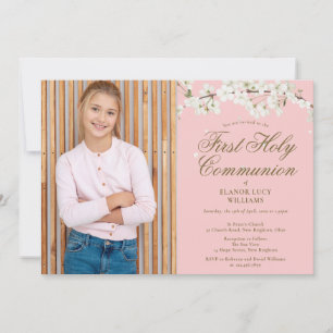 Invitación Primera Comunión Blanca Flor Blanca Foto Rosa