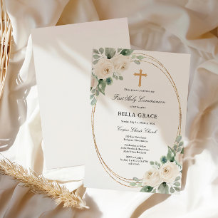 Invitación Primera Comunión Blanca Rosa Floral