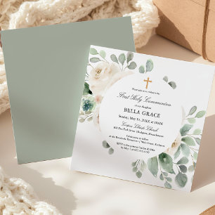 Invitación Primera Comunión Blanca Rosa Floral Cuadrado