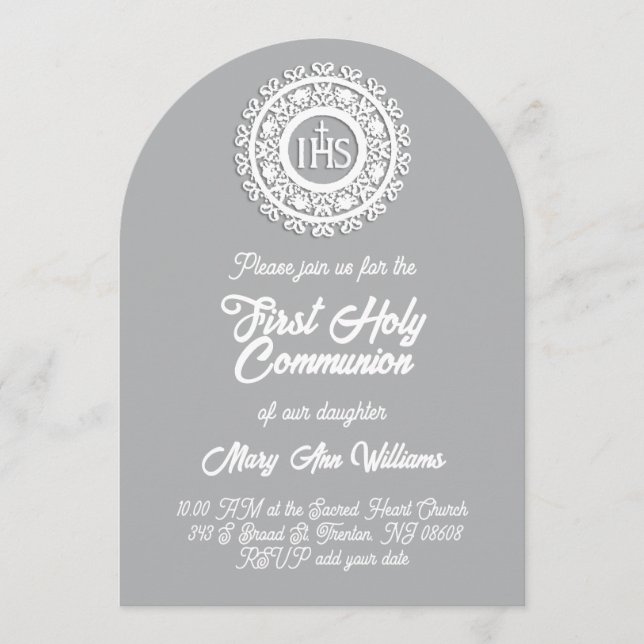Invitación Primera Comunión blanco gris (Anverso)