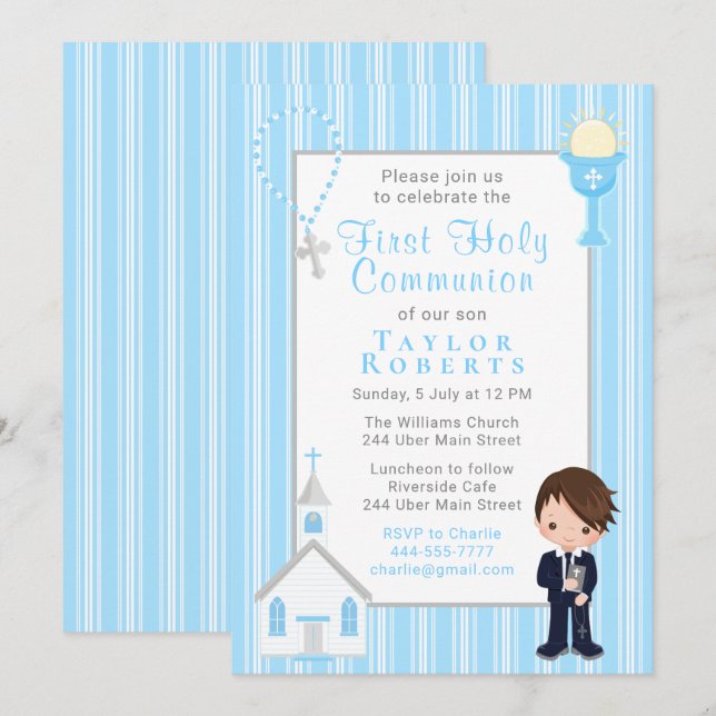 Invitación Primera Comunión Blue Stripes Brown Hair Boy Invit (Anverso / Reverso)