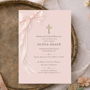 Invitación Primera Comunión Blush Rosa Lazo Niña