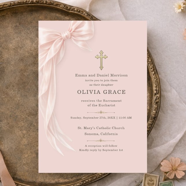Invitación Primera Comunión Blush Rosa Lazo Niña  (Subido por el creador)
