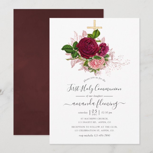 Invitación Primera Comunión Blush y Borgoña Shabby-Chic (Anverso / Reverso)