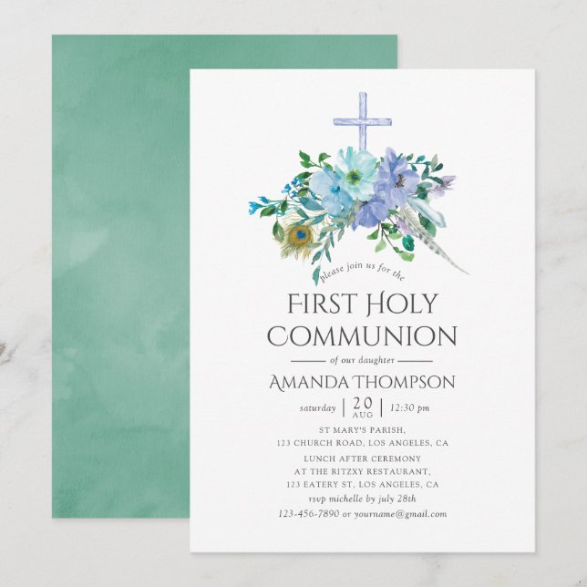 Invitación Primera Comunión Boho de Menta y Azul (Anverso / Reverso)