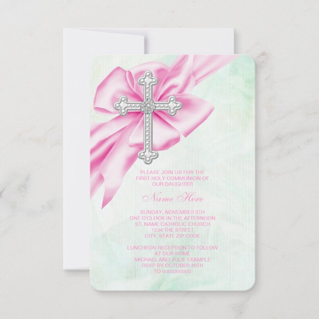 Invitación Primera Comunión Bonito Rosa y Verde (Anverso)