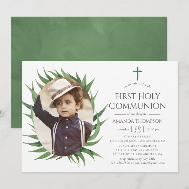 Invitación Primera Comunión Bosque Verde Acuarela (Anverso / Reverso)