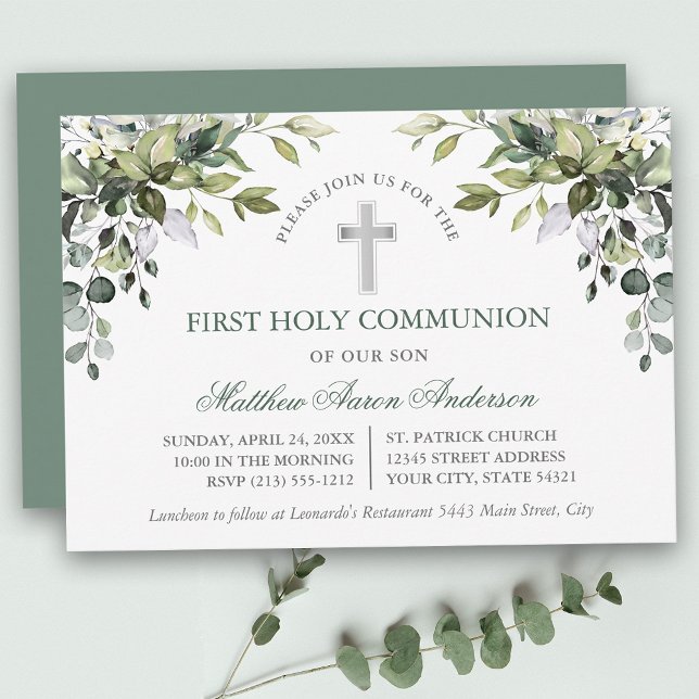 Invitación Primera Comunión Botánica Acolorada Verde Salvia (Customize to change text color, text style or color of back of card.)